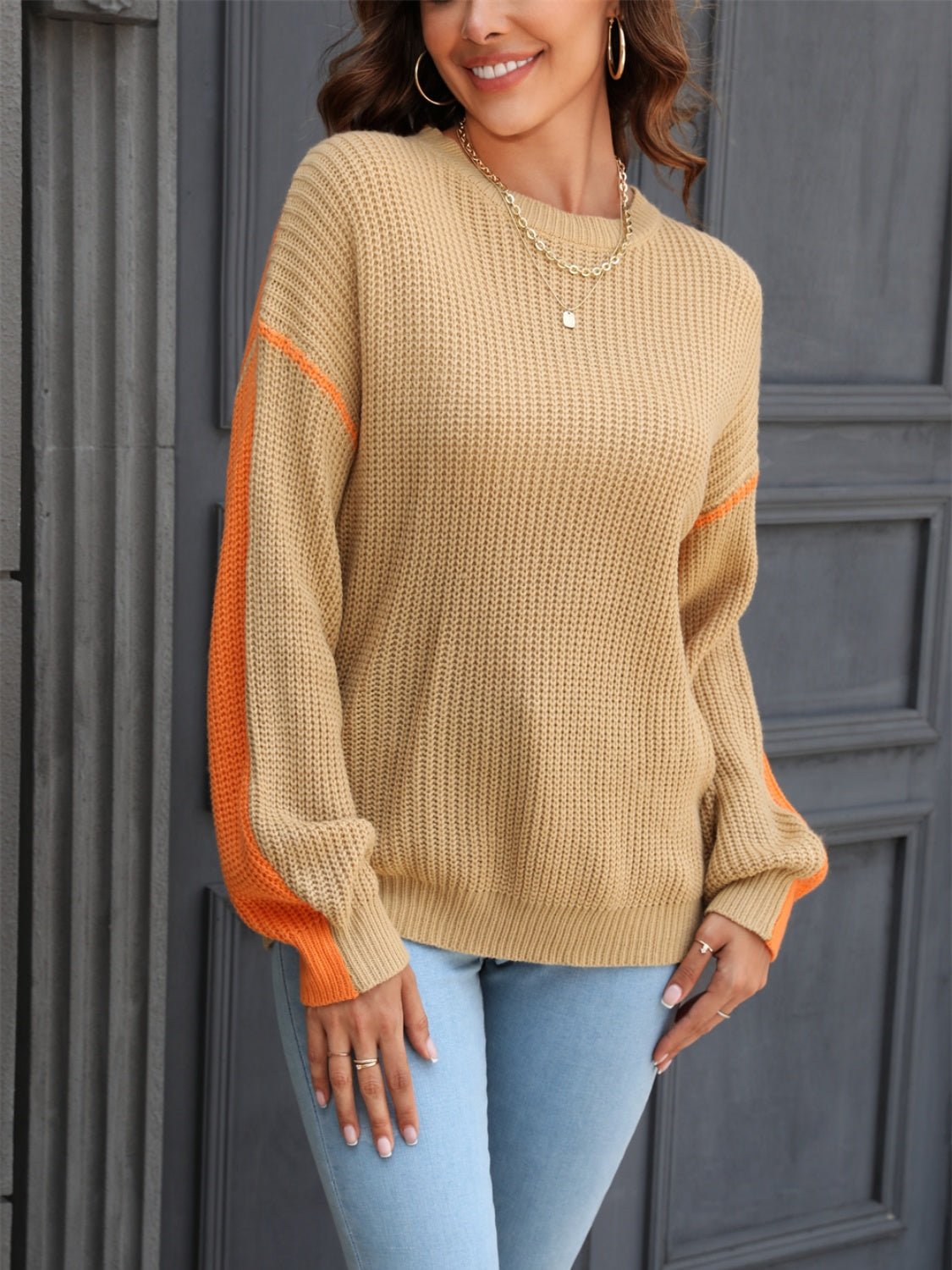 Contrast Round Neck Dropped Shoulder Sweater - Admiresty