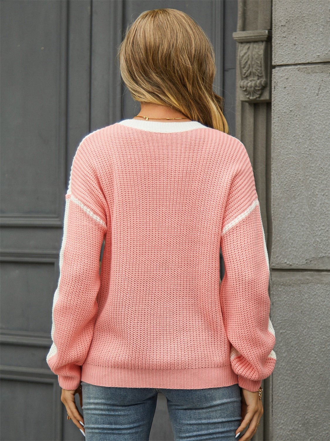 Contrast Round Neck Dropped Shoulder Sweater - Admiresty