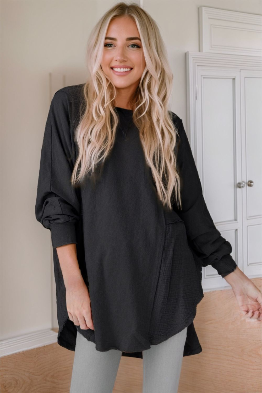 Contrast Texture Round Neck Long Sleeve Blouse - Admiresty