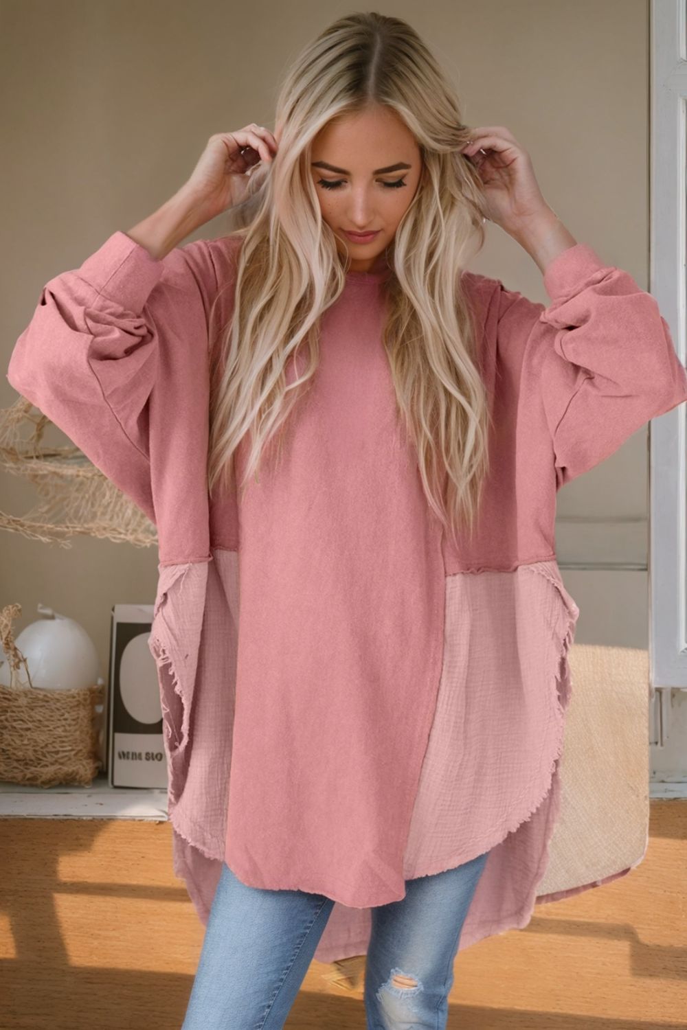 Contrast Texture Round Neck Long Sleeve Blouse - Admiresty