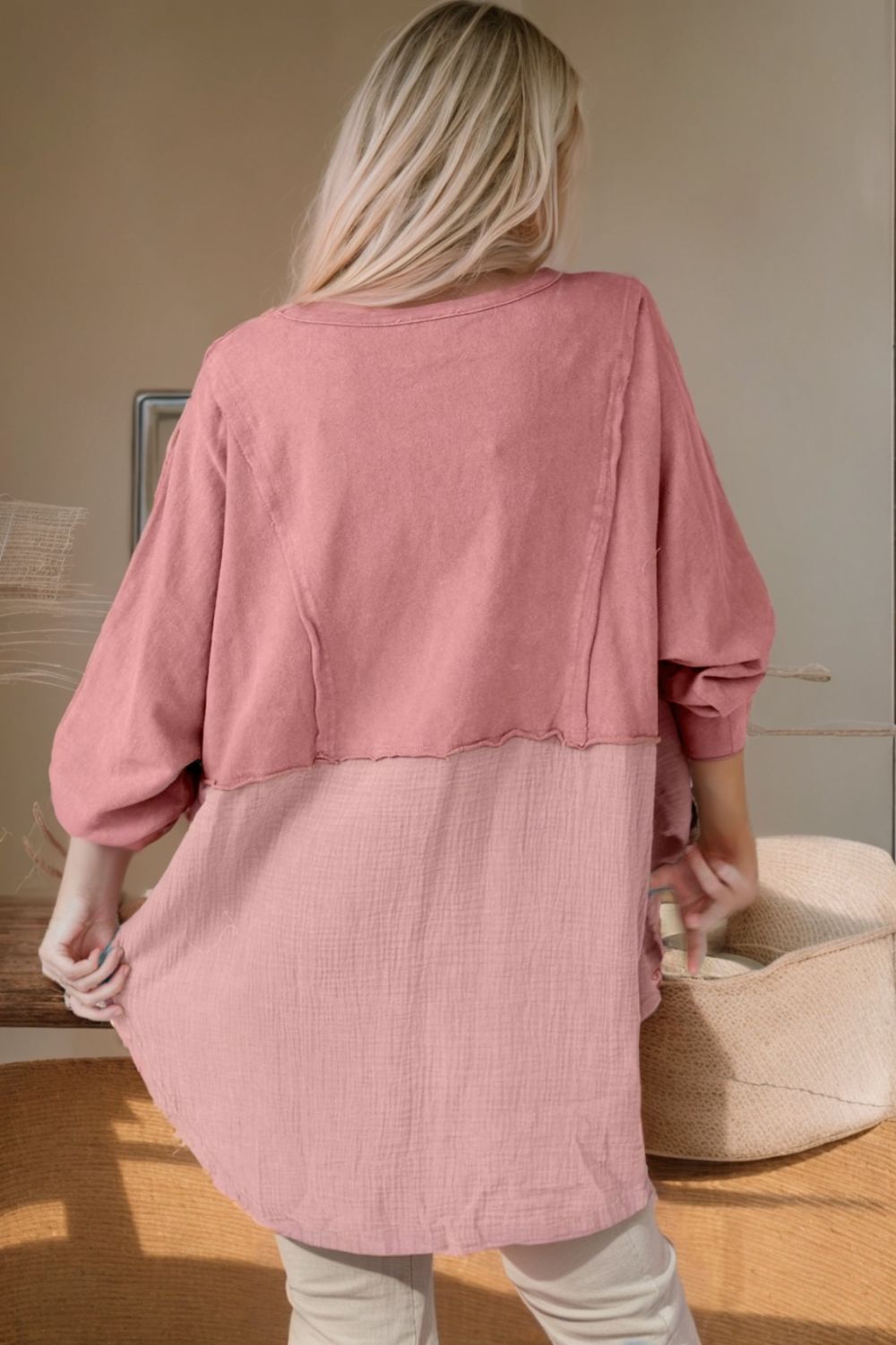 Contrast Texture Round Neck Long Sleeve Blouse - Admiresty