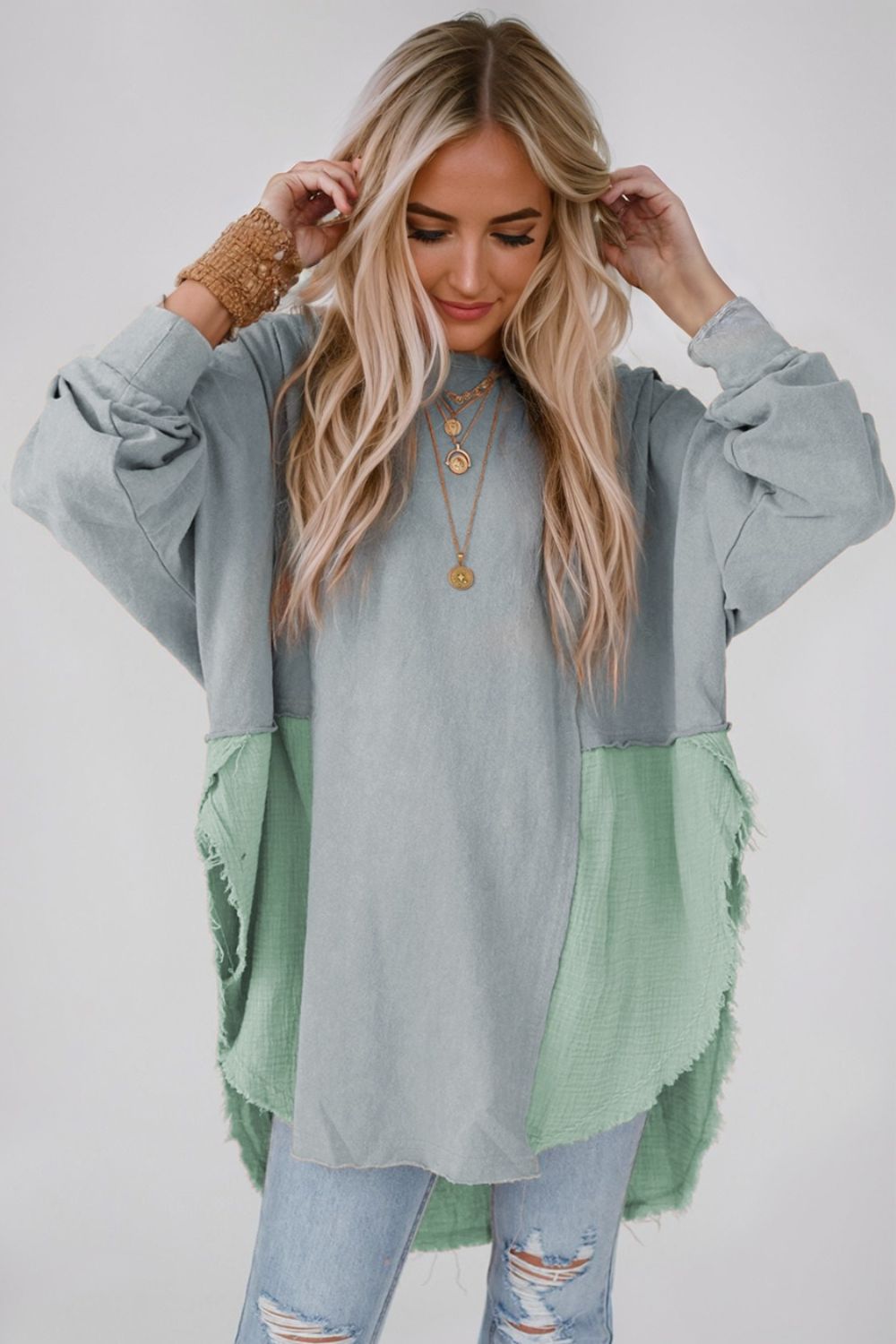 Contrast Texture Round Neck Long Sleeve Blouse - Admiresty