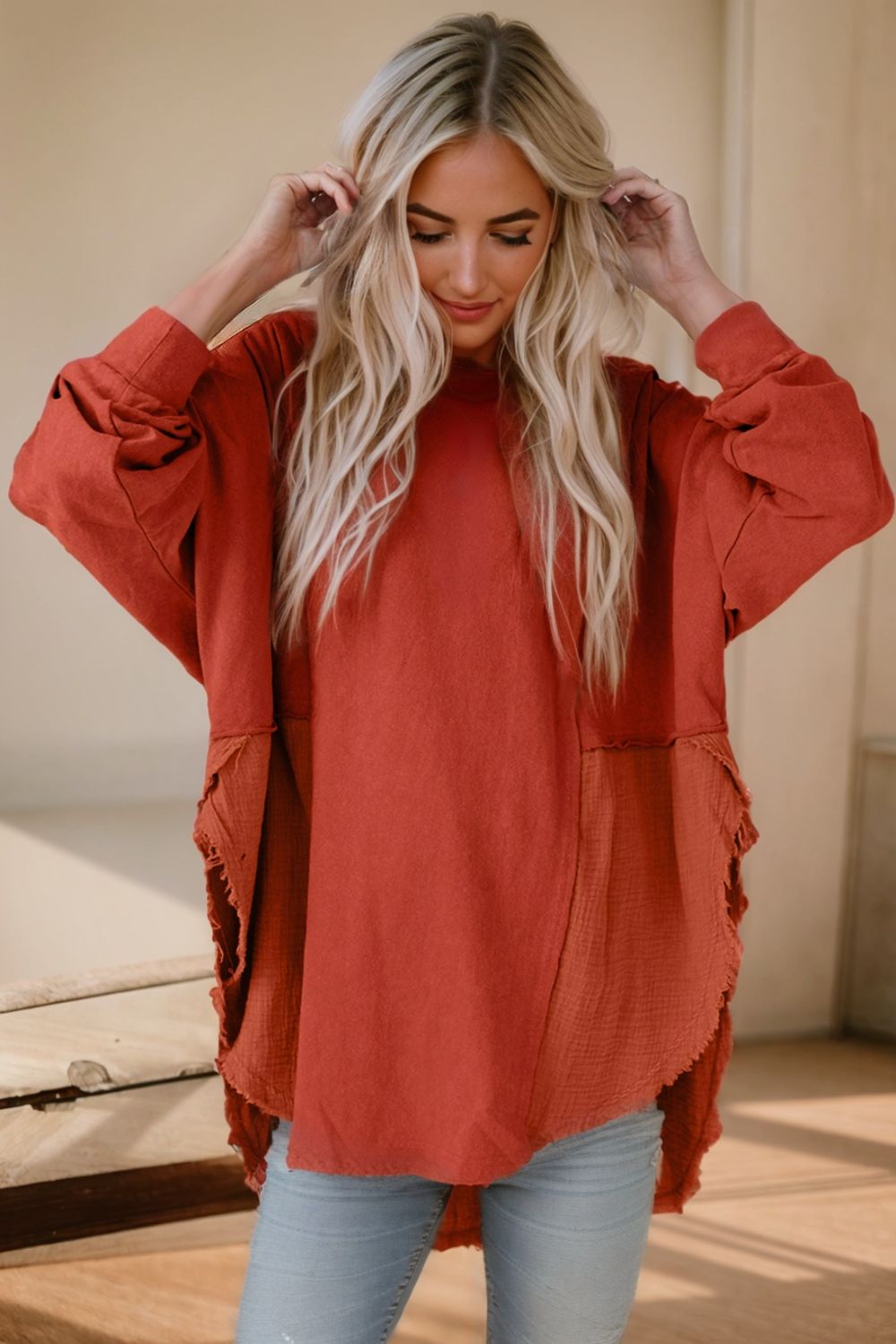 Contrast Texture Round Neck Long Sleeve Blouse - Admiresty