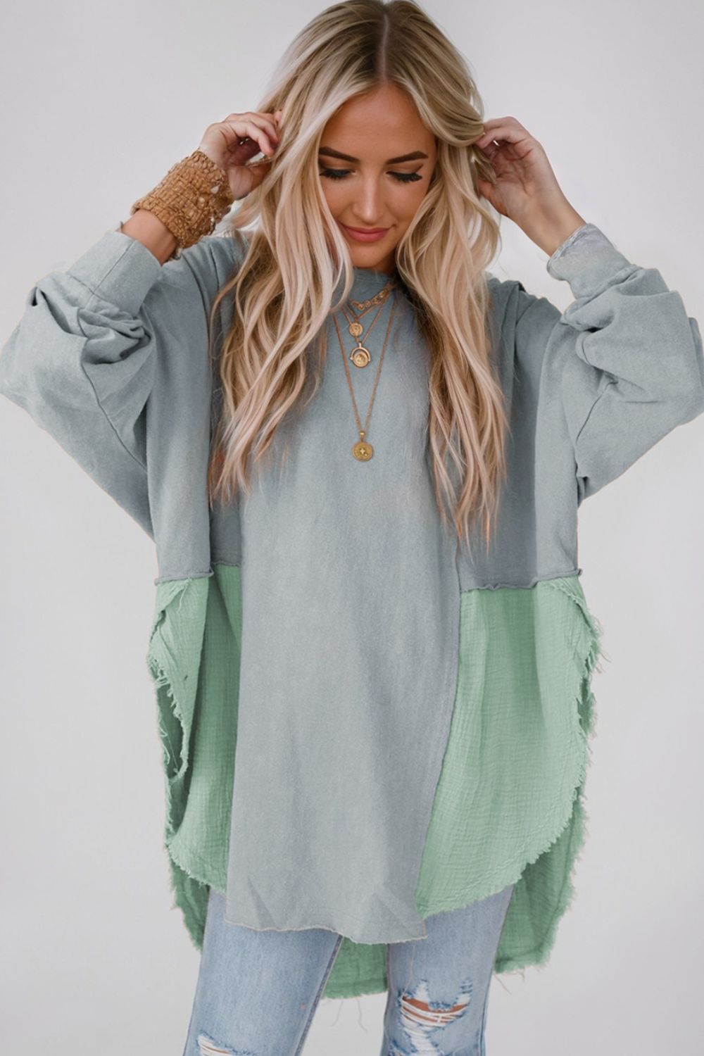 Contrast Texture Round Neck Long Sleeve Blouse - Admiresty