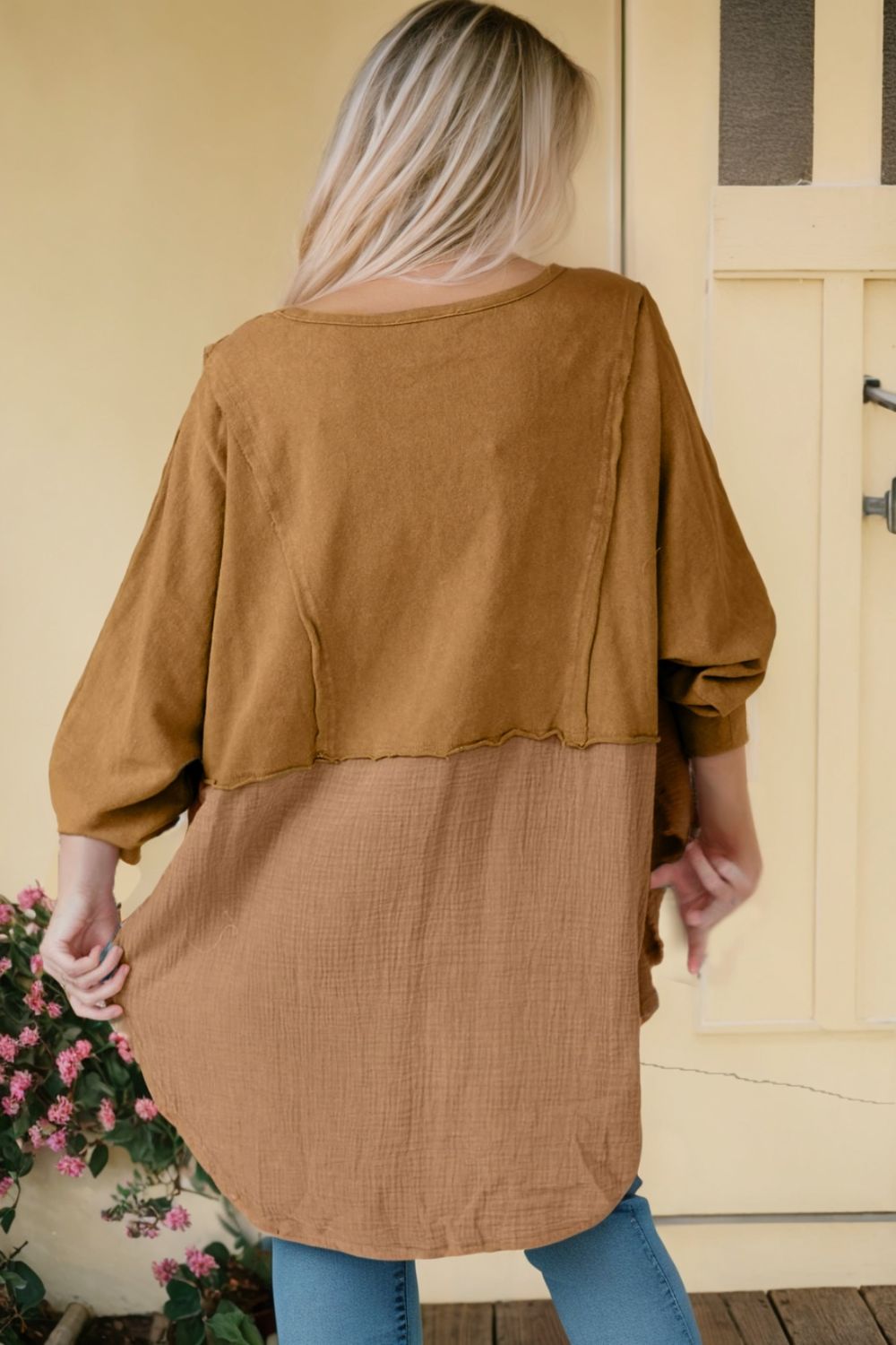 Contrast Texture Round Neck Long Sleeve Blouse - Admiresty