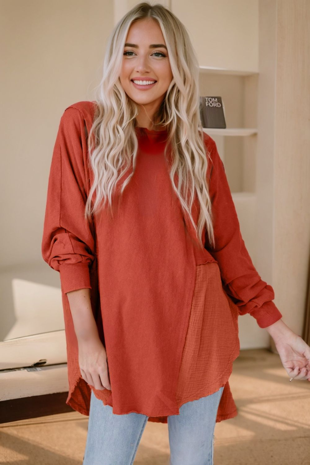 Contrast Texture Round Neck Long Sleeve Blouse - Admiresty