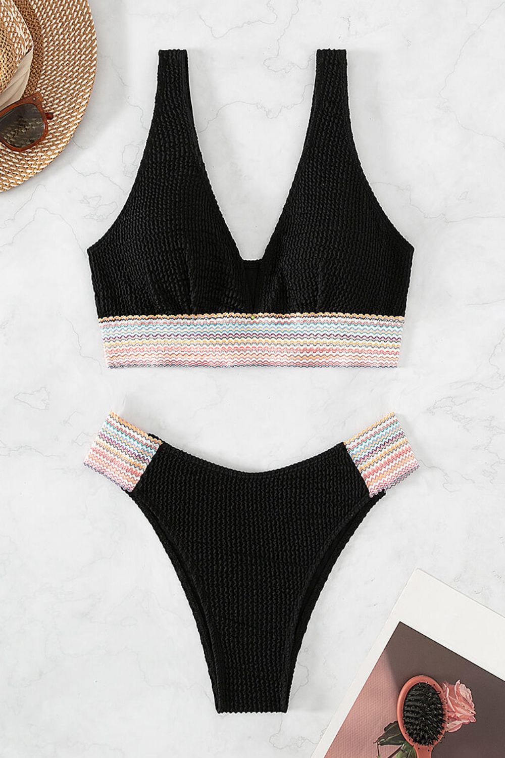 Contrast Textured High Cut Swim Set - Admiresty