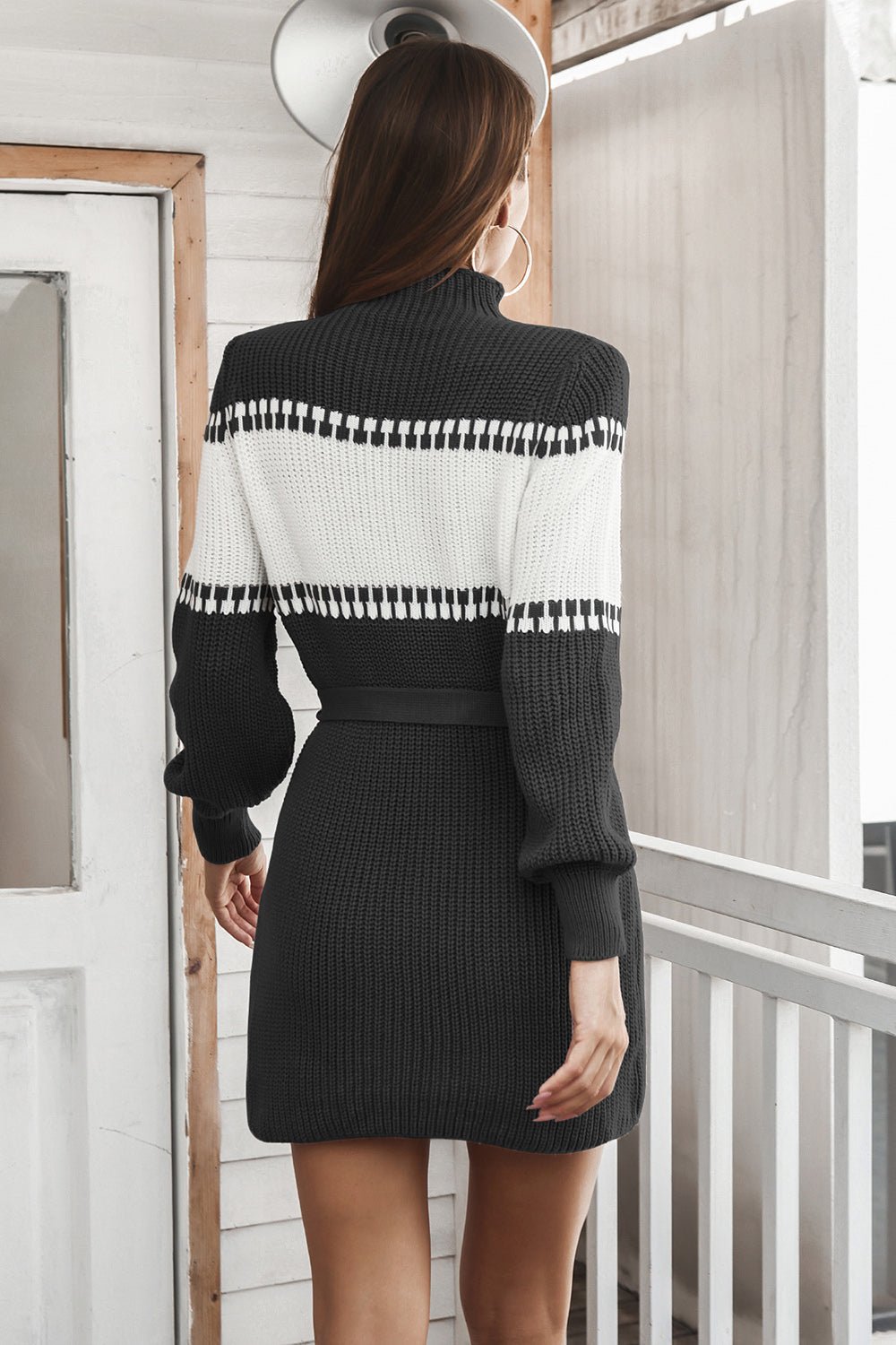 Contrast Tie Front Long Sleeve Sweater Dress - Admiresty