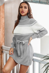 Contrast Tie Front Long Sleeve Sweater Dress - Admiresty