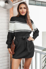 Contrast Tie Front Long Sleeve Sweater Dress - Admiresty