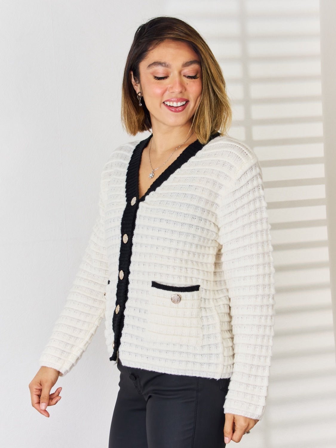 Contrast Trim Button Up Cardigan - Admiresty