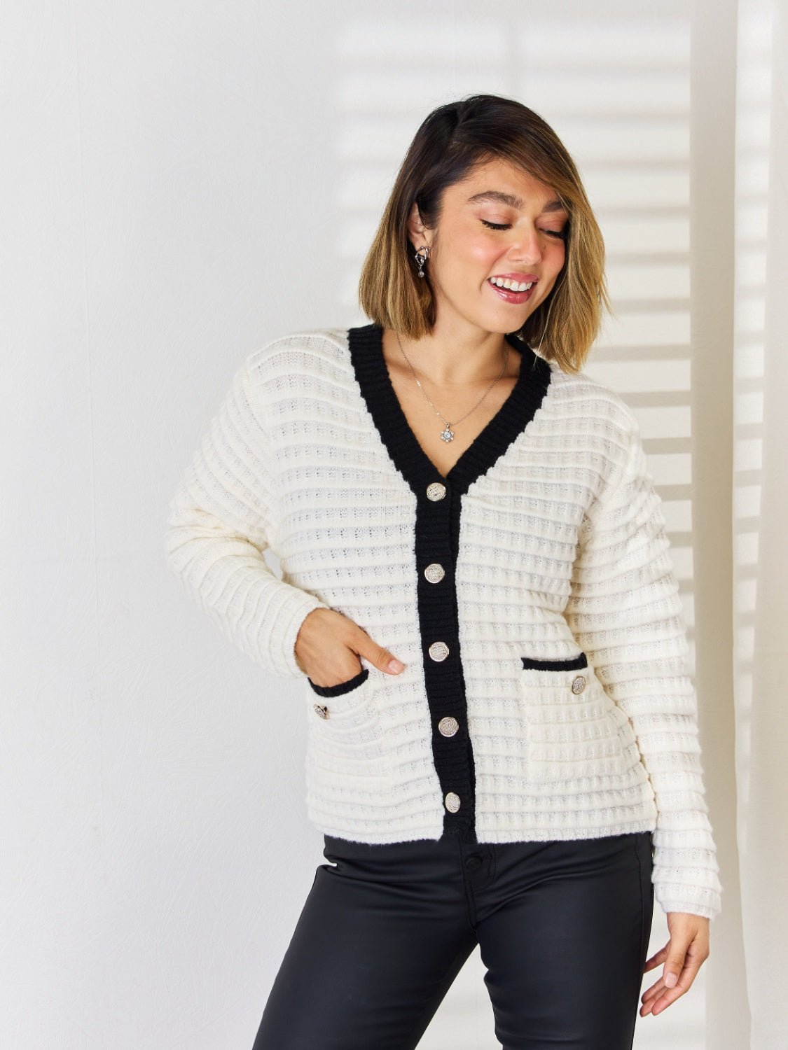 Contrast Trim Button Up Cardigan - Admiresty