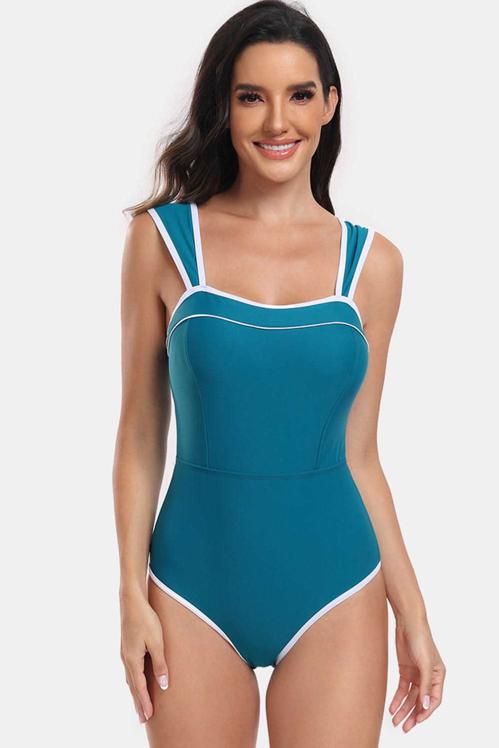 Contrast Trim Wide Strap One - Piece Swimwear - Admiresty