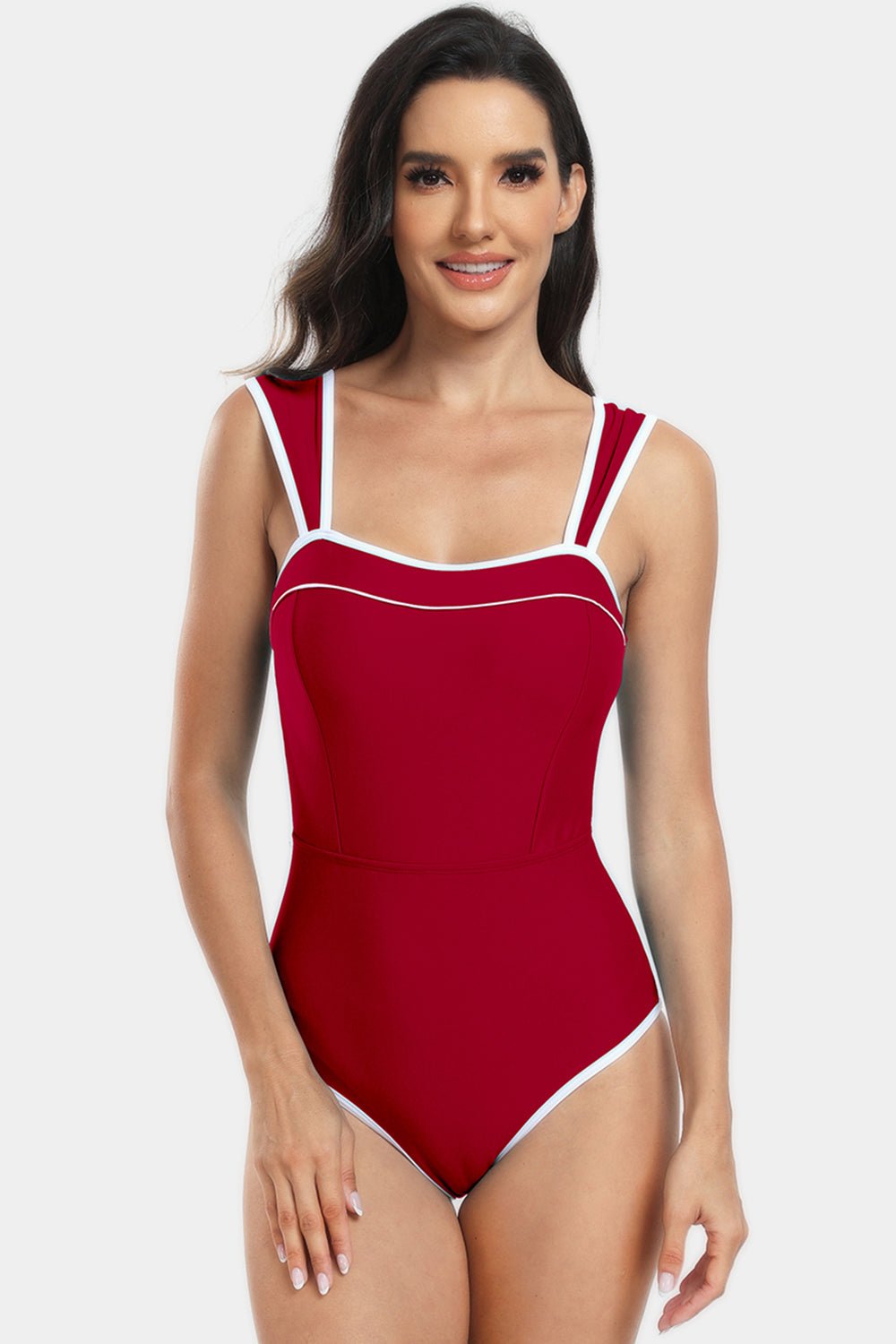 Contrast Trim Wide Strap One - Piece Swimwear - Admiresty