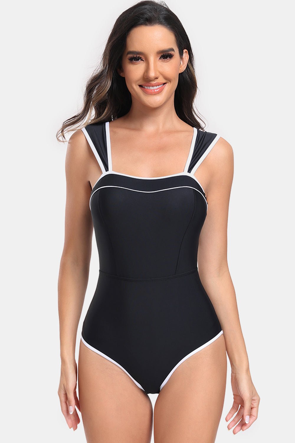 Contrast Trim Wide Strap One - Piece Swimwear - Admiresty