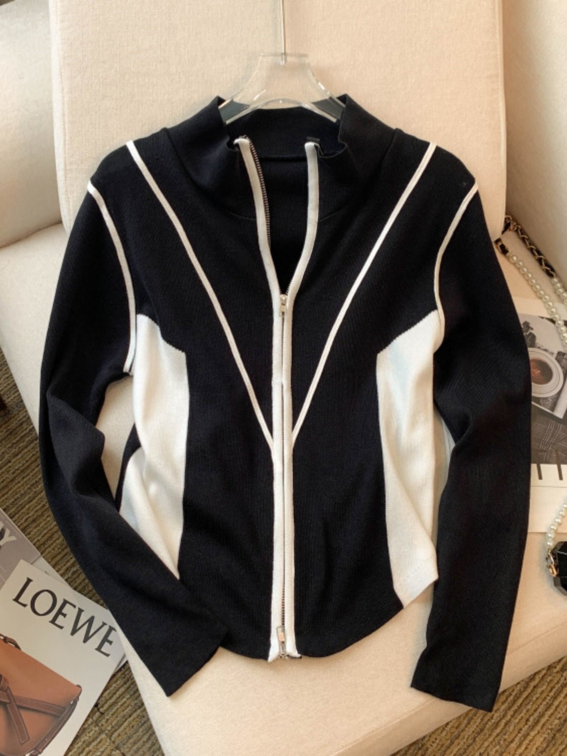 Contrast Zip Up Long Sleeve Cardigan - Admiresty