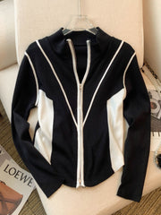 Contrast Zip Up Long Sleeve Cardigan - Admiresty