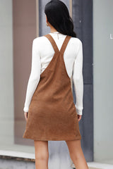 Corduroy Mini Overall Dress with Pocket - Admiresty