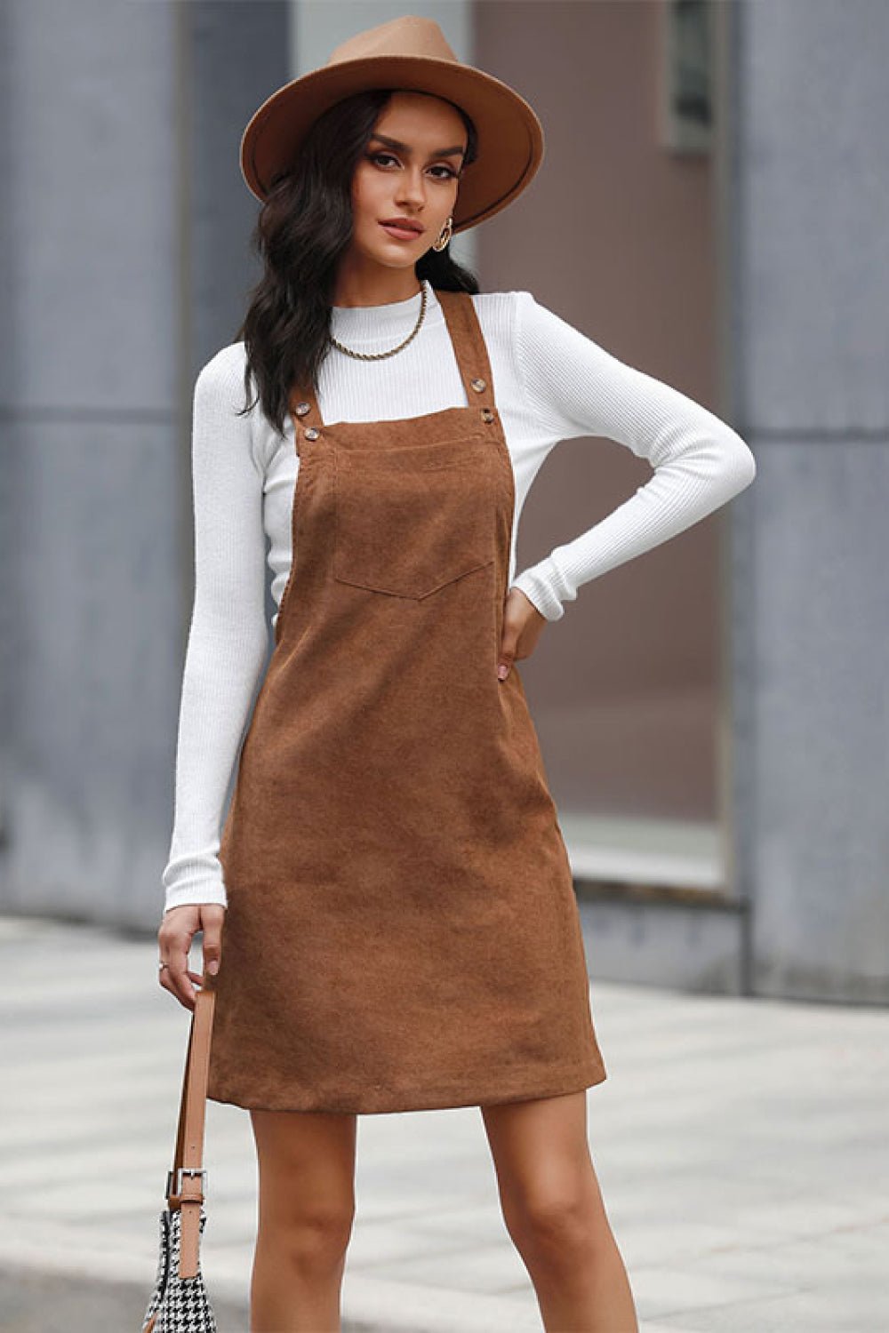 Corduroy Mini Overall Dress with Pocket - Admiresty