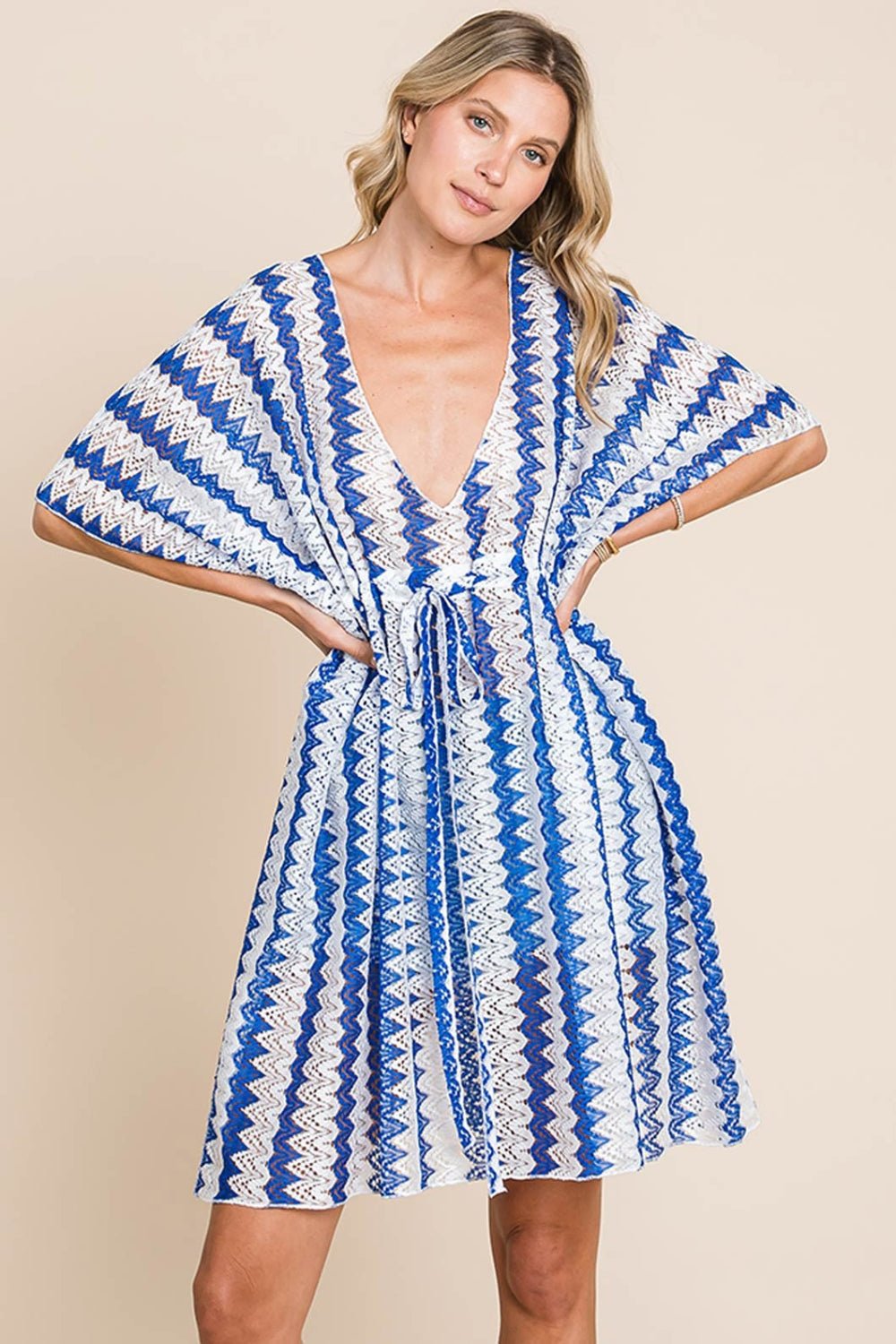 Cotton Bleu by Nu Lab Tied Striped Plunge Half Sleeve Cover - Up - Admiresty