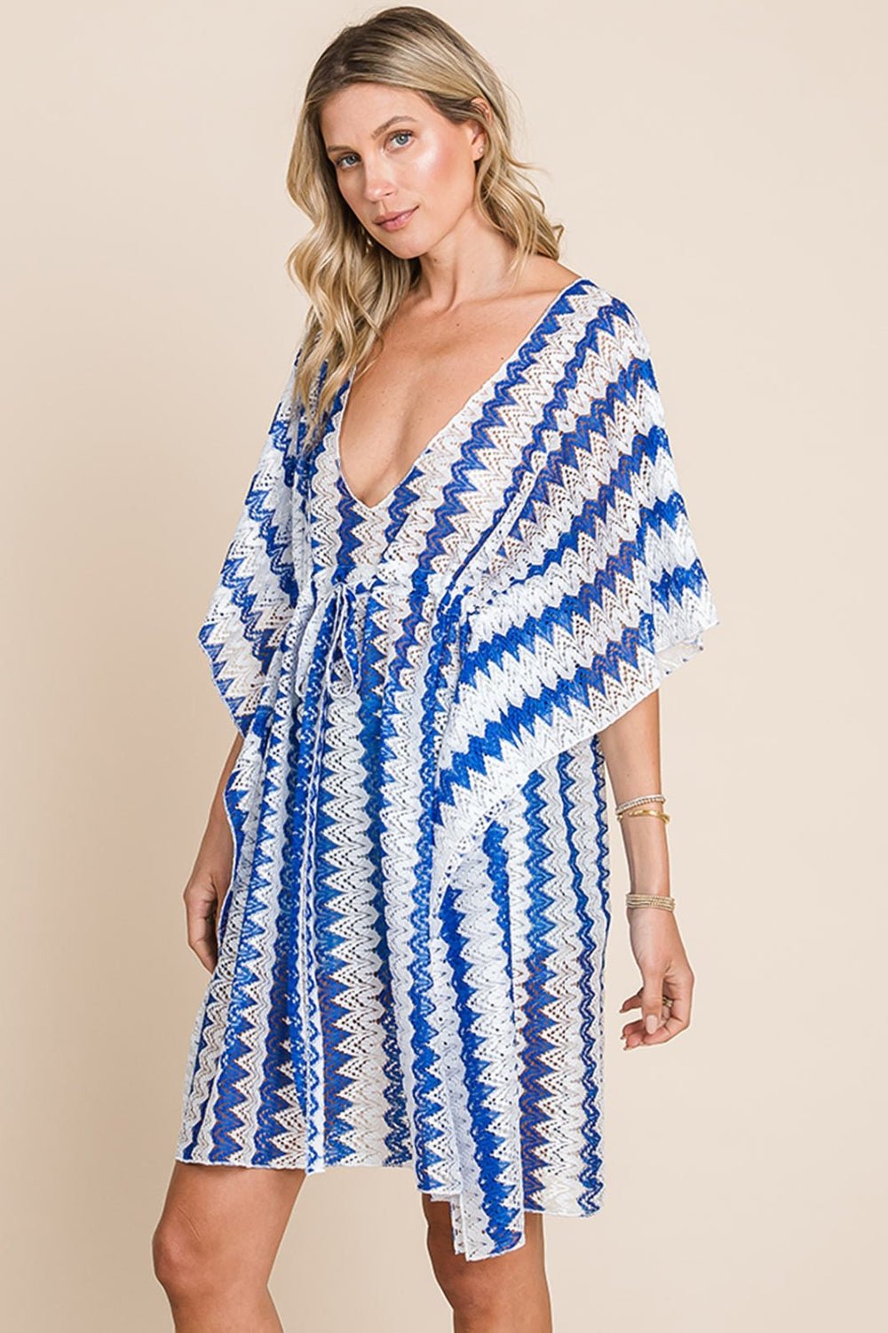 Cotton Bleu by Nu Lab Tied Striped Plunge Half Sleeve Cover - Up - Admiresty