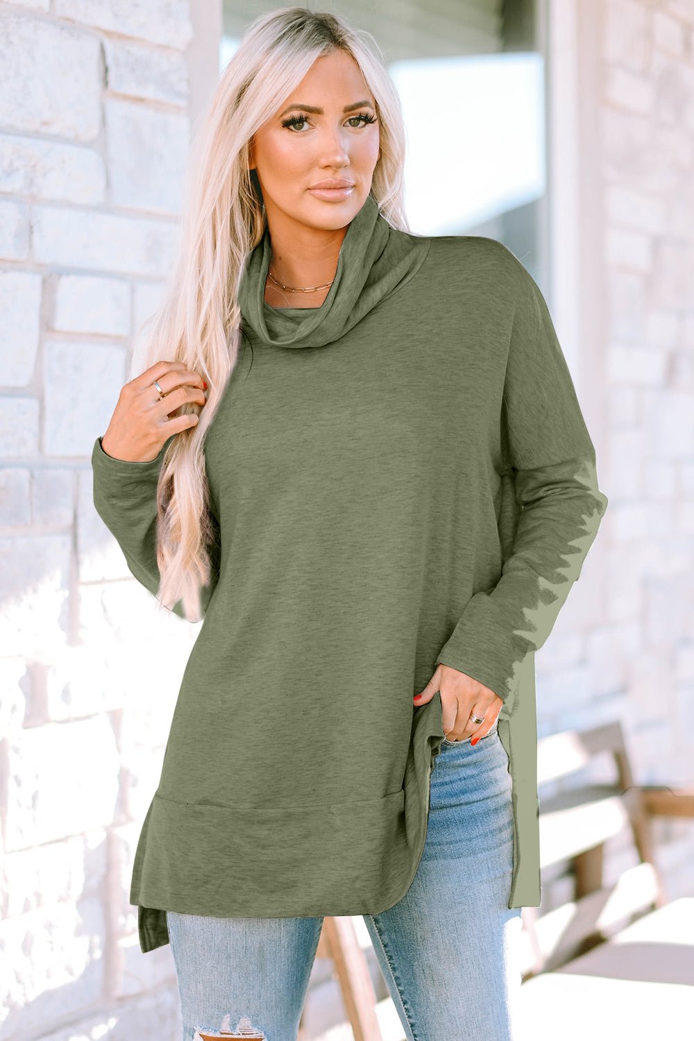 Cowl Neck Long Sleeve Slit Blouse - Admiresty