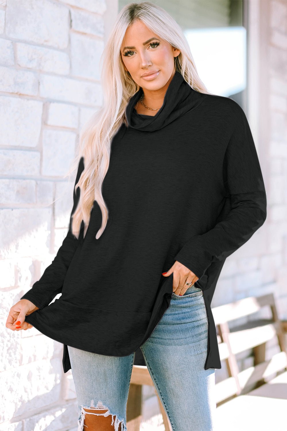 Cowl Neck Long Sleeve Slit Blouse - Admiresty