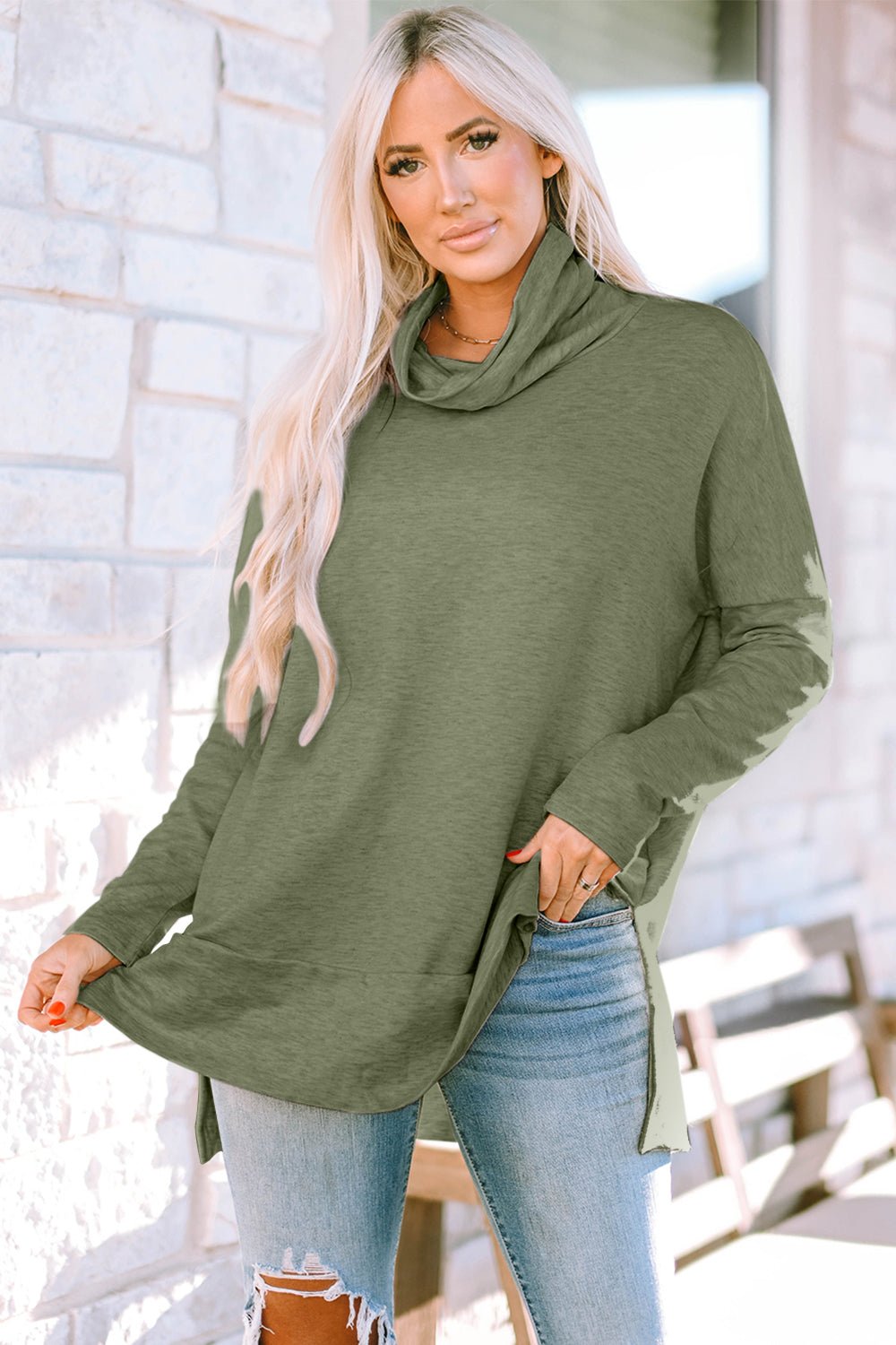 Cowl Neck Long Sleeve Slit Blouse - Admiresty