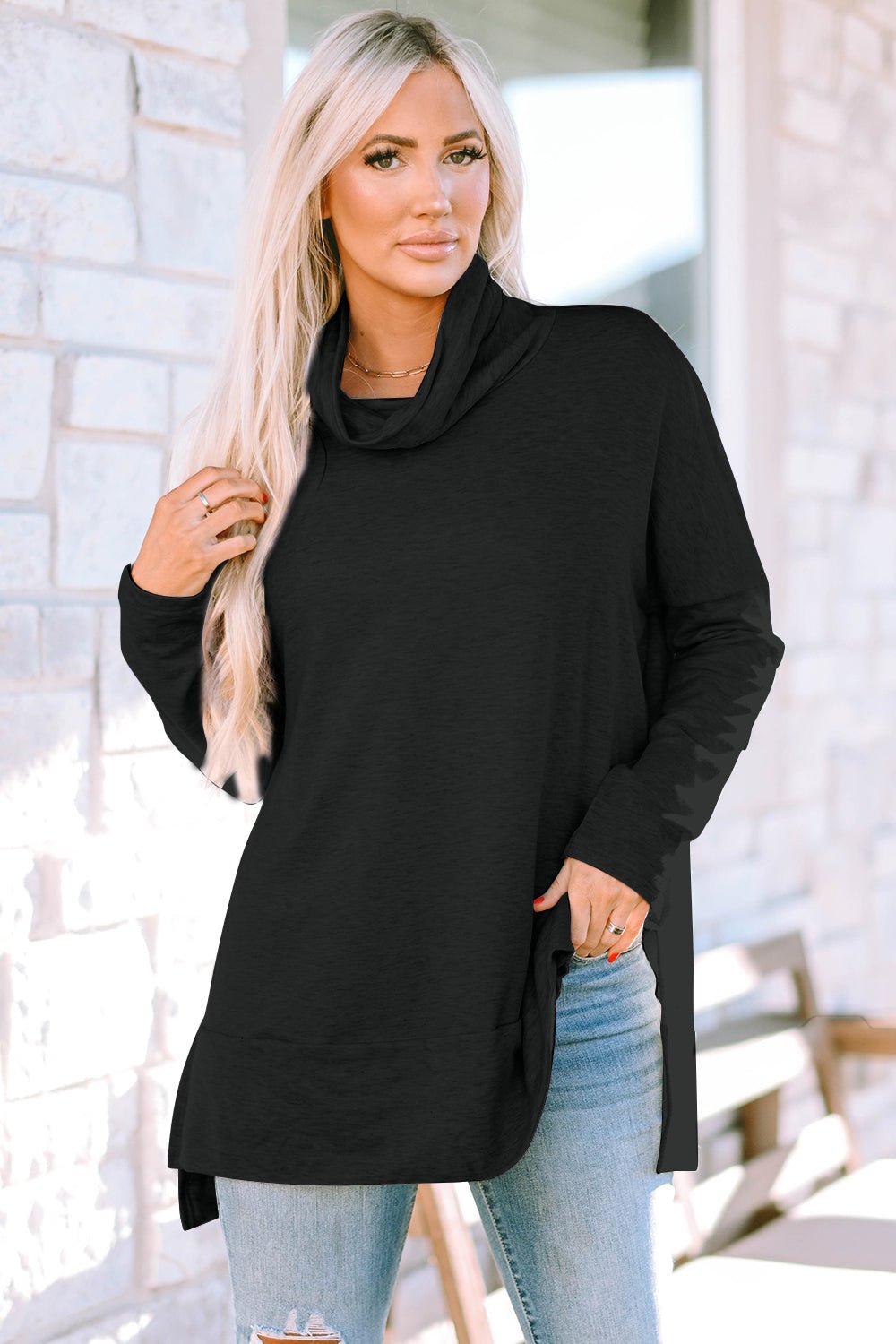 Cowl Neck Long Sleeve Slit Blouse - Admiresty