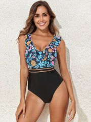 Crisscross Ruffled Printed V - Neck One - Piece Swimwear - Admiresty