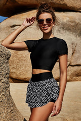 Cropped Tee and Printed Swim Skirt Swim Set - Admiresty