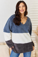 Culture Code Faux Fur Color Block V - Neck Sweater - Admiresty