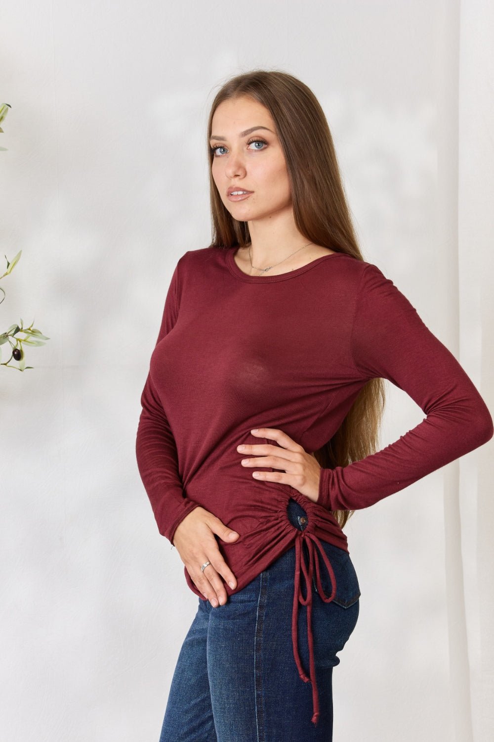 Culture Code Full Size Drawstring Round Neck Long Sleeve Top - Admiresty