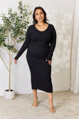 Culture Code Full Size Ribbed Long Sleeve Midi Slit Dress - Admiresty