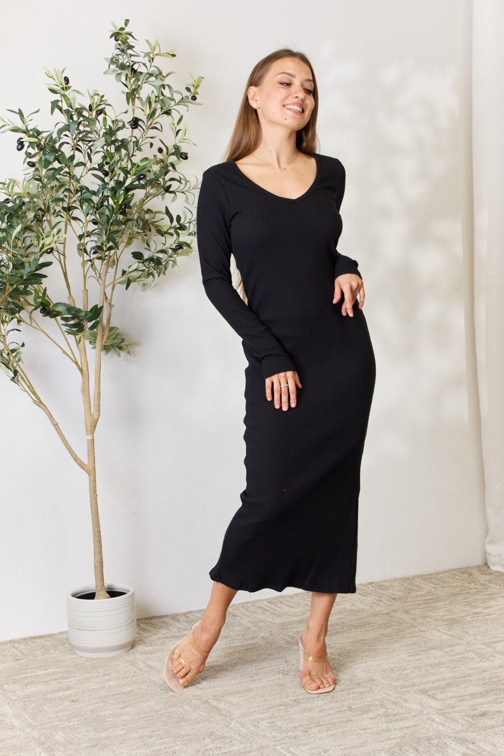 Culture Code Full Size Ribbed Long Sleeve Midi Slit Dress - Admiresty