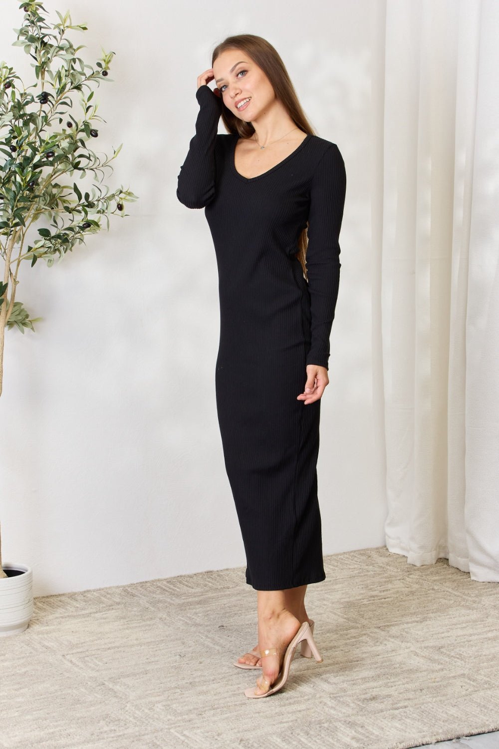 Culture Code Full Size Ribbed Long Sleeve Midi Slit Dress - Admiresty