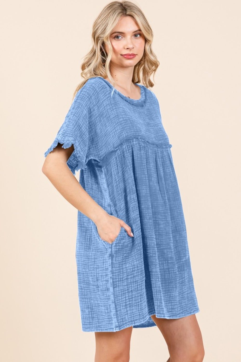 Culture Code Full Size Short Sleeve Babydoll Texture Dress with Pockets - Admiresty