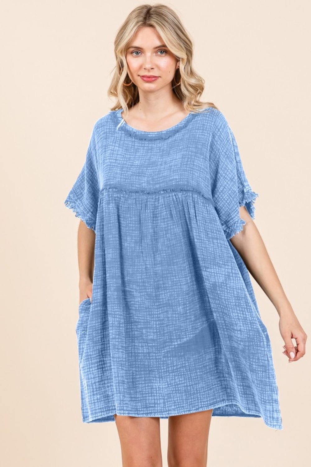 Culture Code Full Size Short Sleeve Babydoll Texture Dress with Pockets - Admiresty