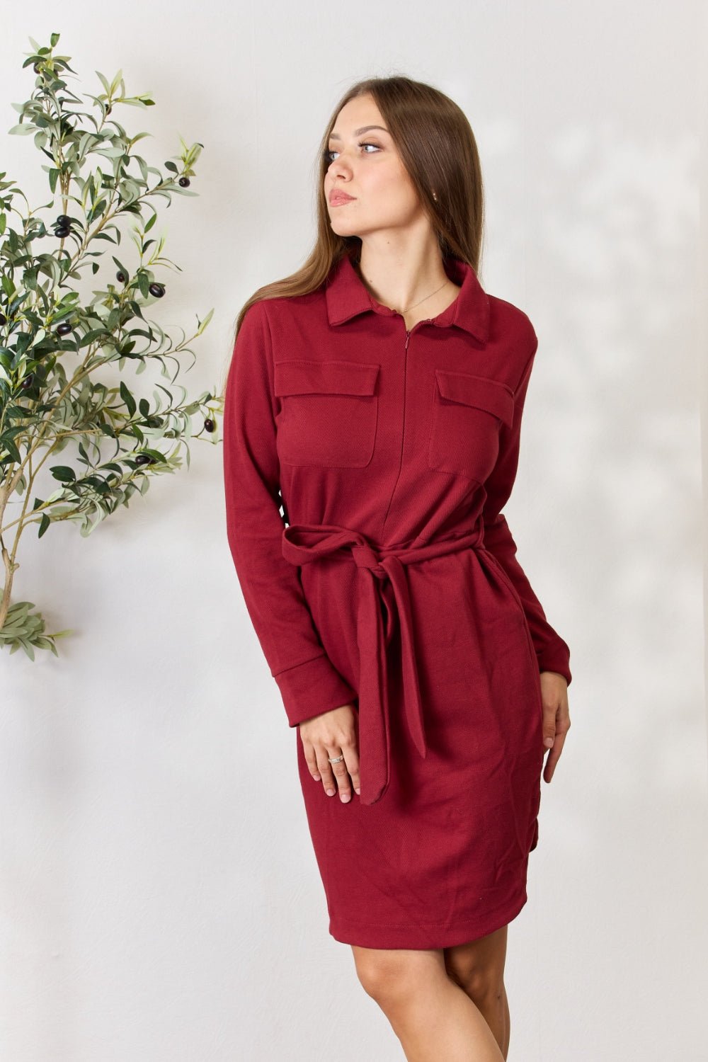 Culture Code Full Size Tie Front Half Zip Long Sleeve Shirt Dress - Admiresty