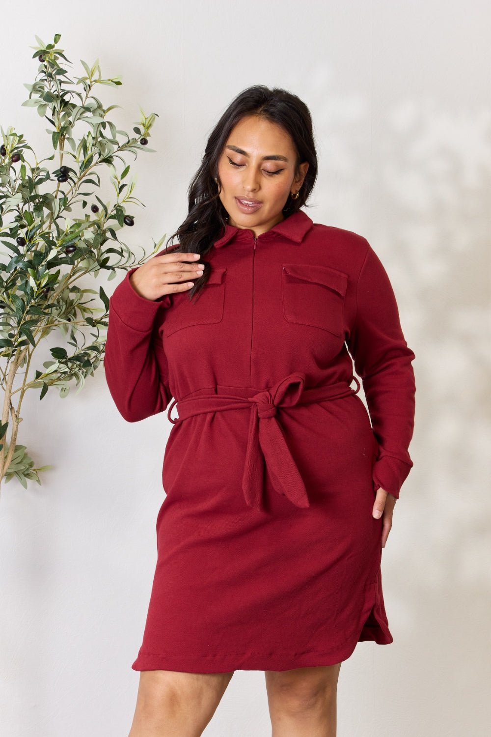 Culture Code Full Size Tie Front Half Zip Long Sleeve Shirt Dress - Admiresty