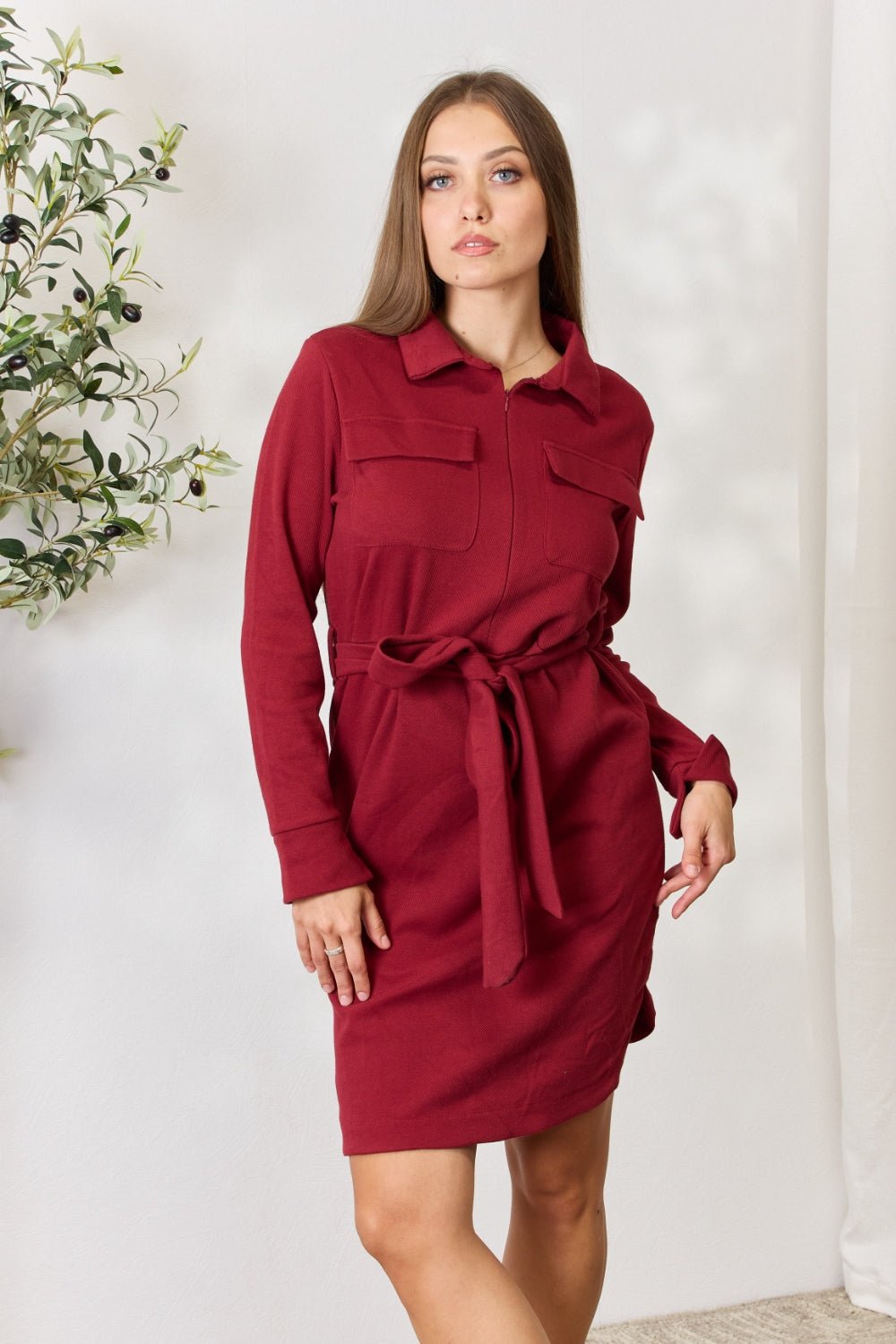 Culture Code Full Size Tie Front Half Zip Long Sleeve Shirt Dress - Admiresty