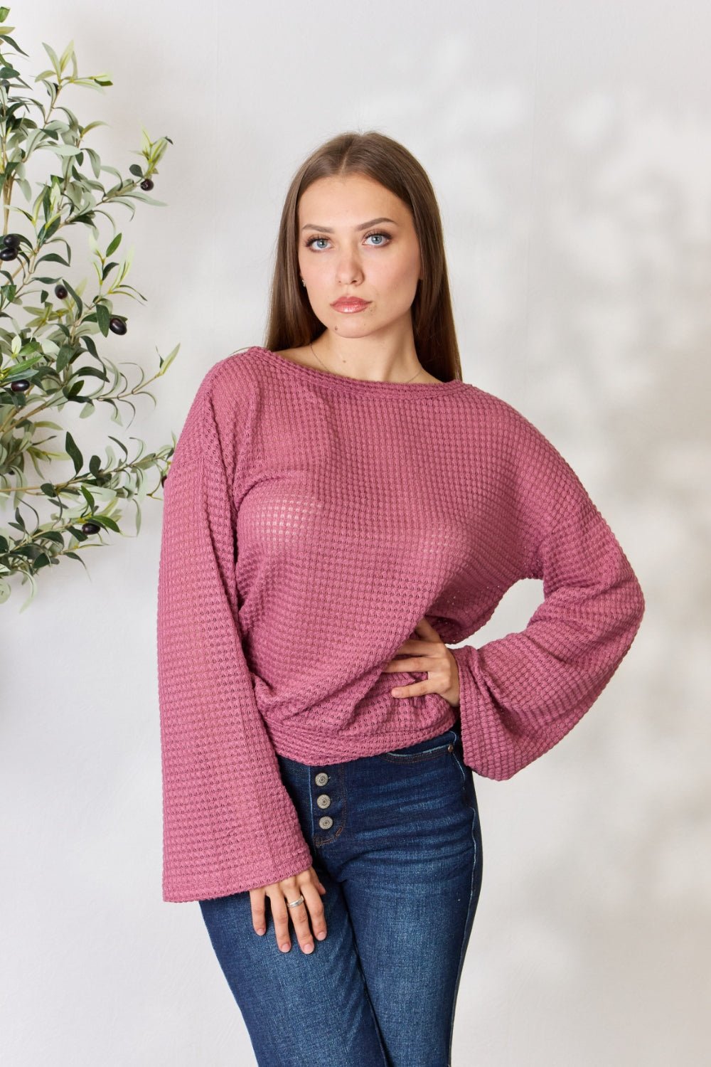 Culture Code Full Size Waffle - Knit Round Neck Long Sleeve Blouse - Admiresty