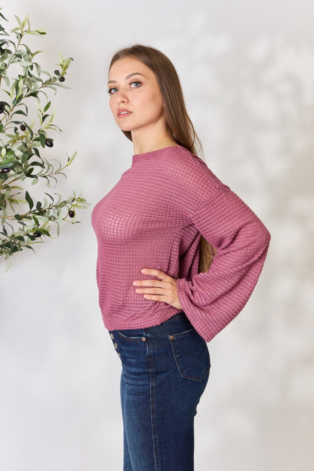 Culture Code Full Size Waffle - Knit Round Neck Long Sleeve Blouse - Admiresty