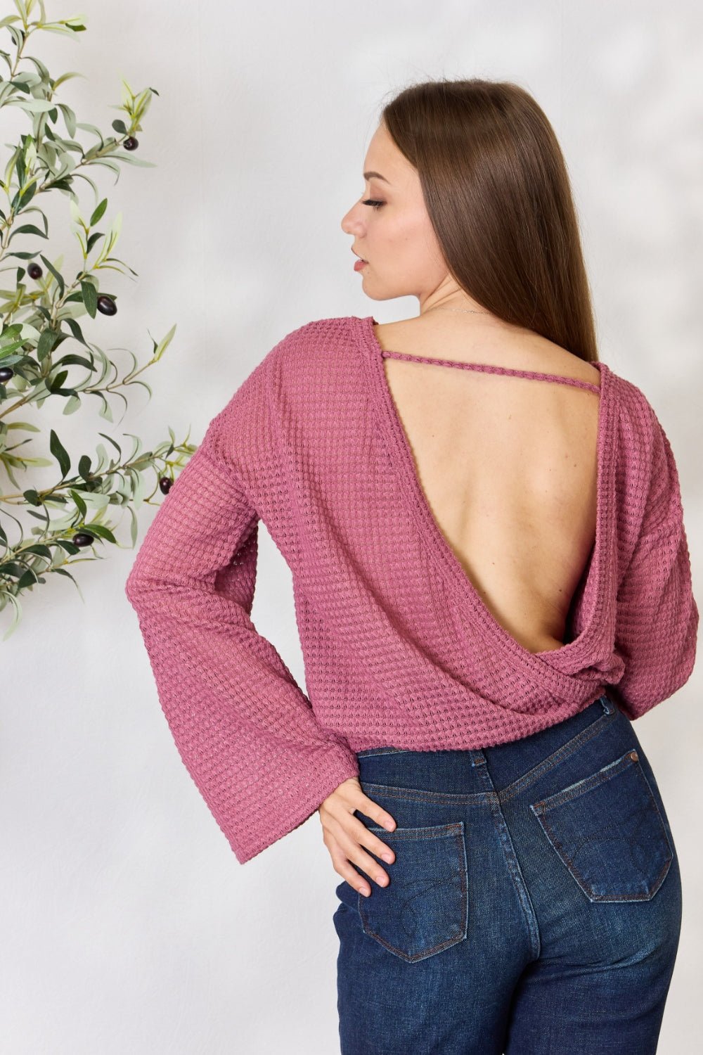 Culture Code Full Size Waffle - Knit Round Neck Long Sleeve Blouse - Admiresty