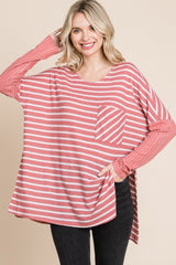 Culture Code Oversize Striped Round Neck Long Sleeve Slit T - Shirt - Admiresty