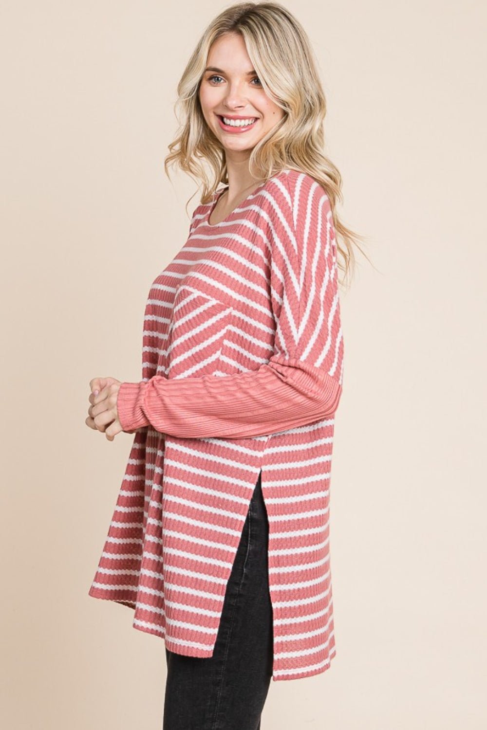 Culture Code Oversize Striped Round Neck Long Sleeve Slit T - Shirt - Admiresty