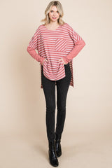 Culture Code Oversize Striped Round Neck Long Sleeve Slit T - Shirt - Admiresty