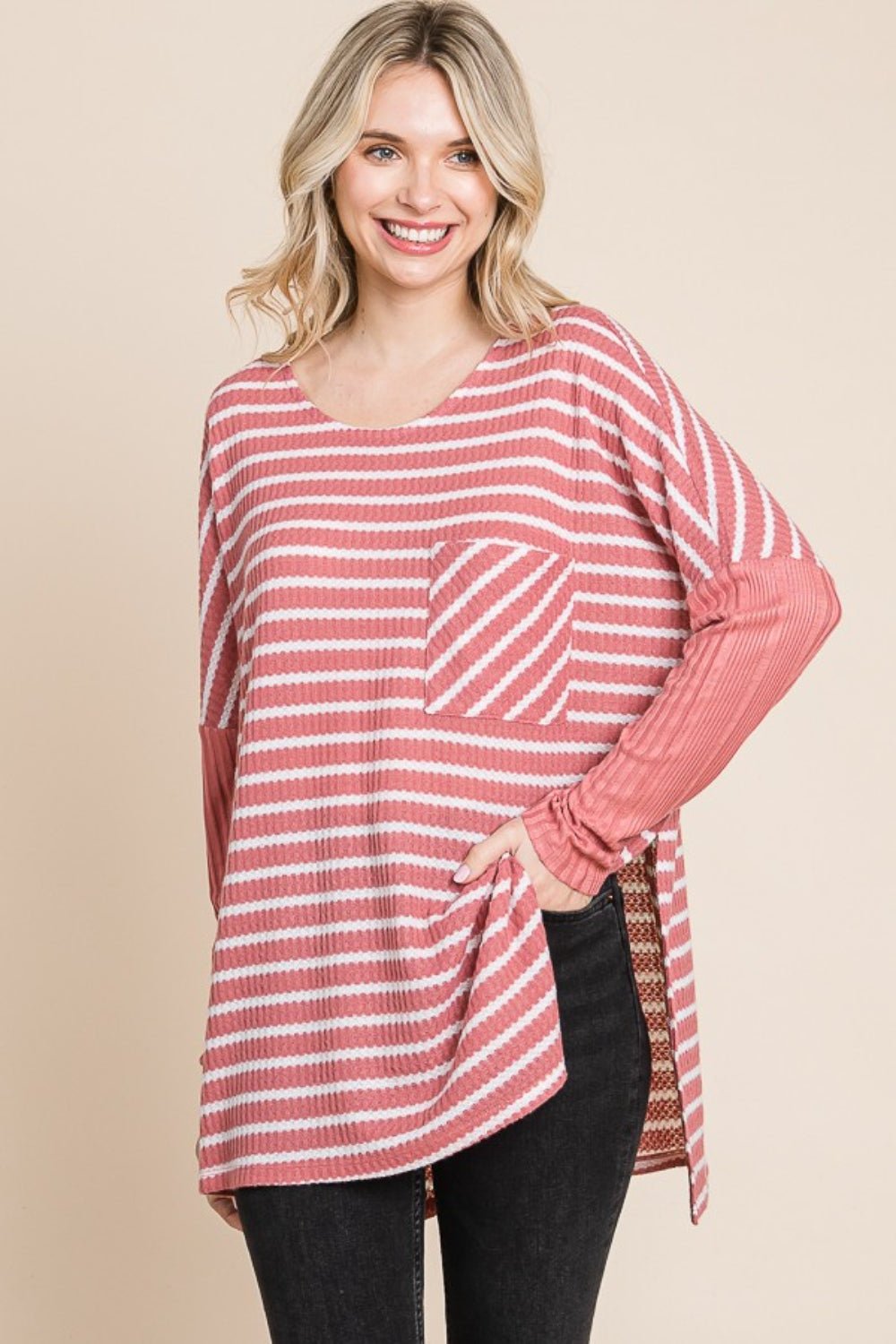 Culture Code Oversize Striped Round Neck Long Sleeve Slit T - Shirt - Admiresty