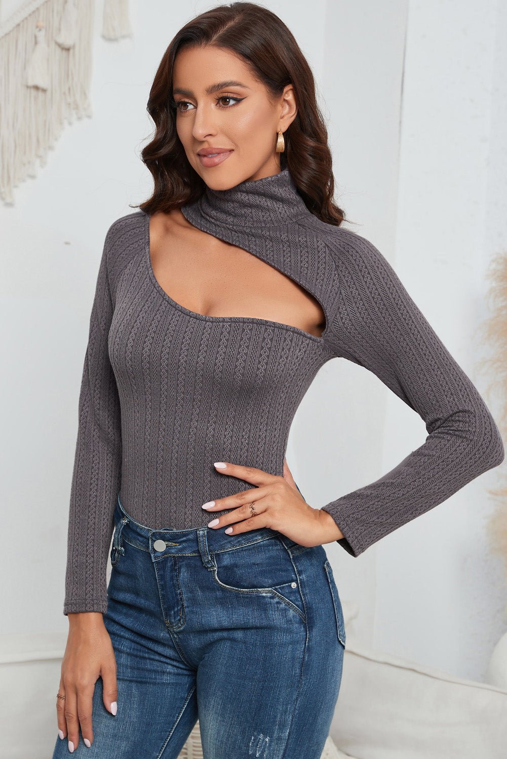 Cutout Mock Neck Long Sleeve Bodysuit - Admiresty