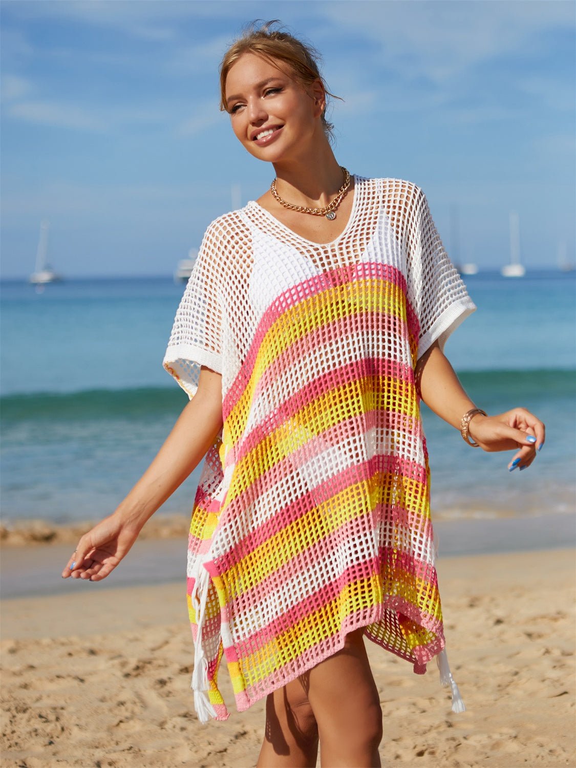 Cutout Striped Cover - Up with Tassel - Admiresty